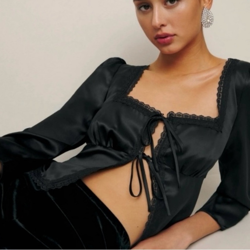 Reformation Lucinda Silk Cami Top Long Sleeve Tie Front in Black Size 4